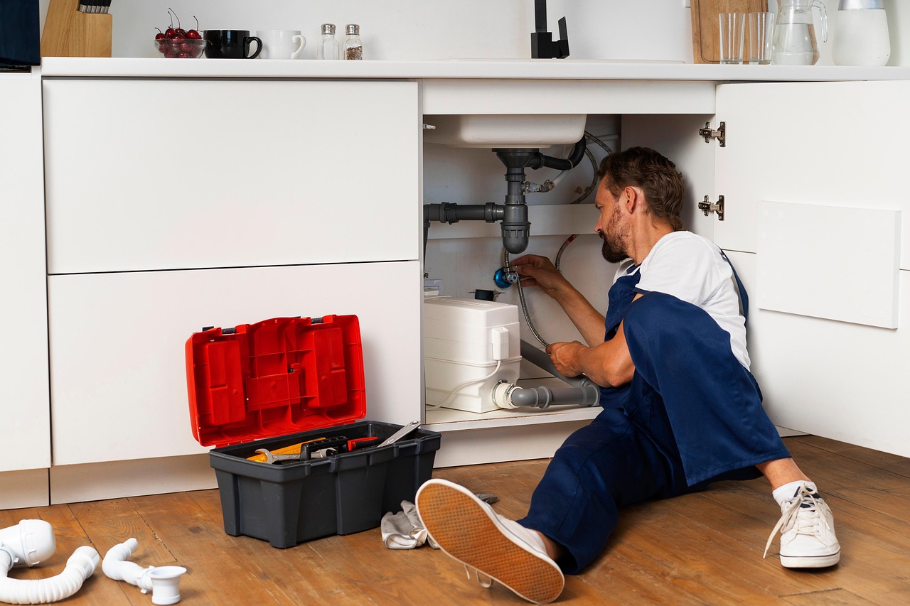 Plumber working on pipes